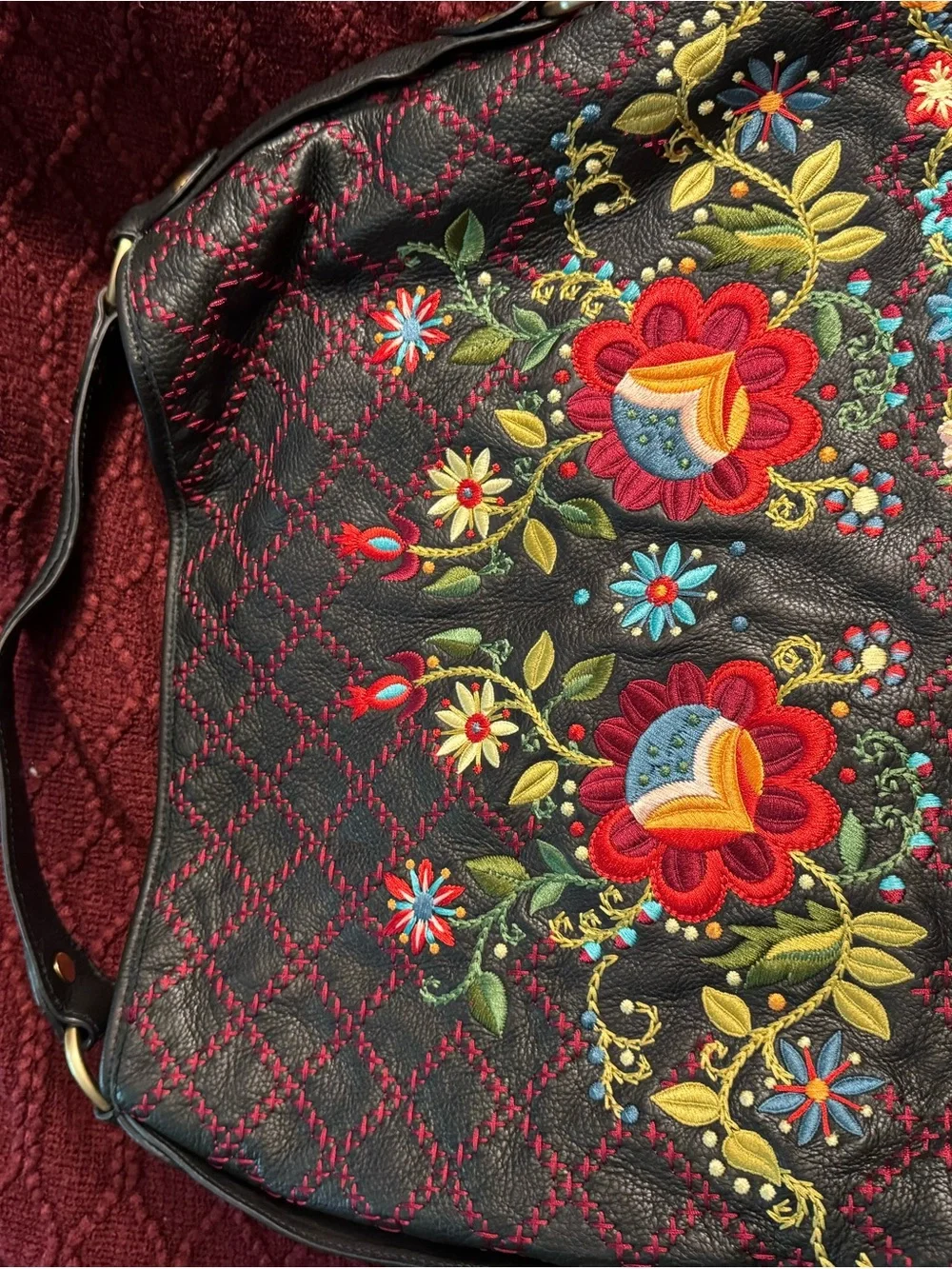 Rare Isabella Fiore Leather Shoulder Hobo Bag with Multicolor Floral Embroidery - Picture 11 of 12